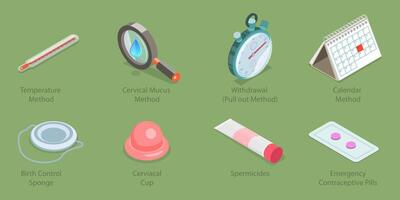 3D Isometric Flat Set of Contraception Methods, Birth Control Equipment vector