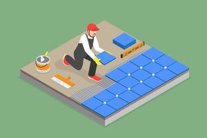 3D Isometric Flat Conceptual Illustration of Professional Tiler, Installing Ceramic Floor Tiles vector