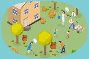 3D Isometric Flat Conceptual Illustration of Weekend Yardwork Cleanup, Raking Garbage vector