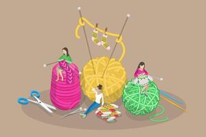 3D Isometric Flat Conceptual Illustration of Knitwork, Handcraft Hobby vector