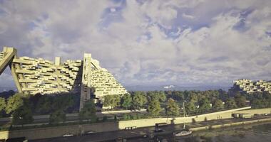 CGI Modern architecture along a riverbank with dramatic clouds in daytime video