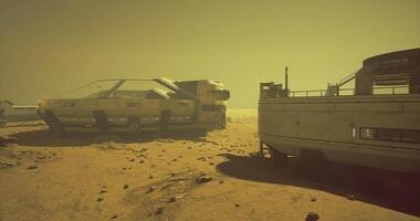 CGI Futuristic vehicles sit on a barren Martian surface surrounded by rocks video