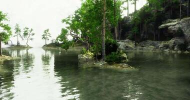 CGI Serene lake surrounded by lush greenery and rocky terrain in a tranquil setting video