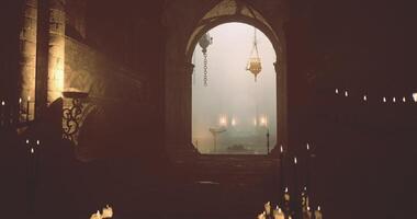 CGI Mysterious ambiance of a candle lit ancient hall in a foggy setting video