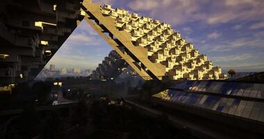 CGI Modern architectural masterpiece set against a vibrant skyline during sunset video