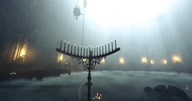 CGI Mysterious candlelit hall with mist and ancient architecture at dawn video