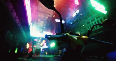 CGI Vibrant neon lights illuminate an urban alleyway at night video