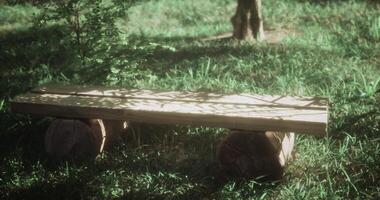 CGI Natural wooden bench resting on log supports in a serene green environment video