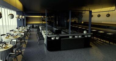 CGI Modern restaurant interior design featuring open dining space and kitchen area video
