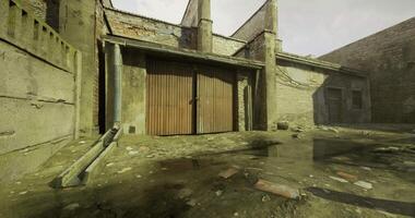 CGI Exploring an abandoned industrial site with weathered buildings and debris video