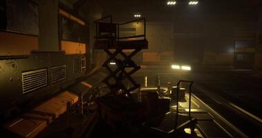 CGI Dimly lit industrial space with equipment and shadows in an unknown location video
