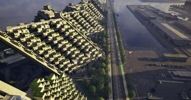 CGI Modern architectural design of residential buildings near waterway in city video