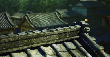 CGI Ancient roof tiles reflect sunlight in a tranquil village setting video