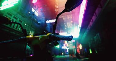 CGI Vibrant night in a neon lit urban alley with a motorcycle in focus video