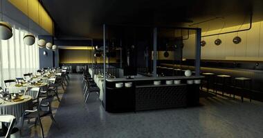 CGI Modern restaurant interior with elegant decor and spacious dining areas video