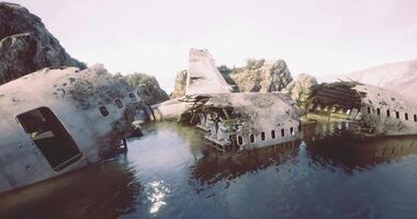 CGI Abandoned airplane wreckages submerged in calm water surrounded by rocks video