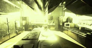 CGI Bright light illuminating a busy kitchen filled with cooking equipment video