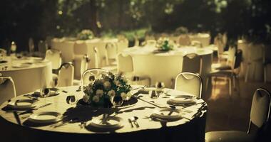 CGI Elegant dining setup for a formal event in a serene garden location video