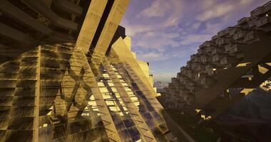 CGI Modern architectural design merges with nature at sunset video