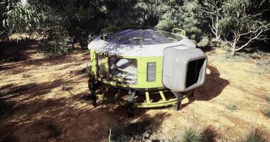 CGI Futuristic pod nestled in lush forest environment during daytime exploration video