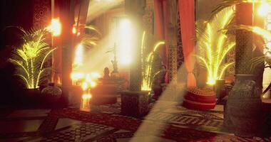 CGI Charming interior of a Moroccan lounge with golden sunlight illuminating space video