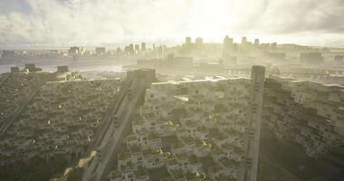 CGI Modern urban landscape with innovative architecture during sunrise video