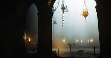 CGI Mysterious interior of an ancient church illuminated by soft light video