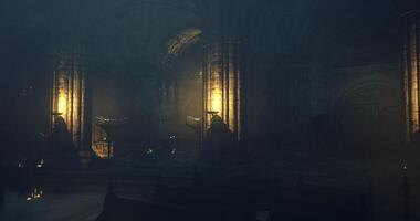 CGI Intricate architecture of an ancient cathedral illuminated by flickering light video