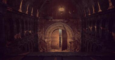 CGI Mysterious ancient hallway with large open doors and dim lighting video