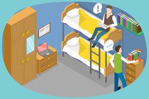 3D Isometric Flat Conceptual Illustration of College Dormitory, Student Hostel vector