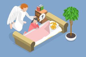3D Isometric Flat Conceptual Illustration of Angel Biblical Religious Character , Divine Support vector