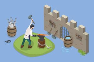 3D Isometric Flat Conceptual Illustration of Medieval Blacksmith, Creating Weapons vector