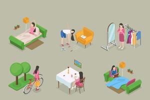 3D Isometric Flat Conceptual Illustration of Habits and Ritual Items, Productive Morning Routine vector