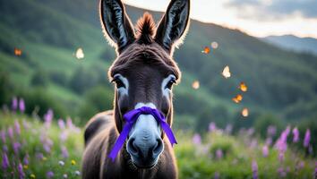 Donkey with Purple Ribbon in Meadow Landscape at Sunset with Butterflies photo