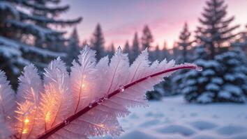 Iced Leaf Close-up in Winter Forest with Soft Sunset Light photo