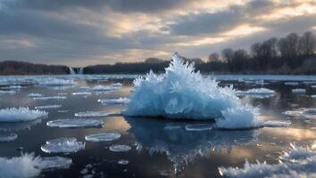 Ice Crystals Forming on Lake Water Surface During Winter Season photo