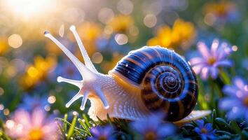 Snail Crawling Through Flowers on a Sunny Spring Morning photo