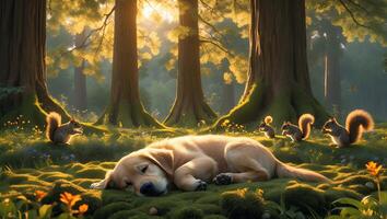 Dog Sleeping Peacefully in Forest with Squirrels on Mossy Ground photo