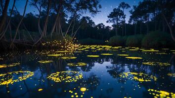 Glowing Lights Reflecting in Dark Forest River at Night photo