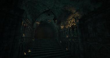 CGI Mysterious underground staircase illuminated by flickering candles video