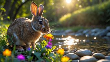 Rabbit Enjoying Colorful Flowers by Stream with Golden Sunlight Glow photo