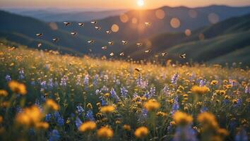Bees Fly Over Flower Field at Sunset with Hilly Background photo