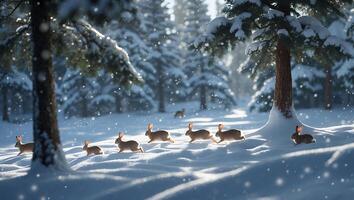 Hare Family Running Through Snowy Winter Forest During a Snowfall photo