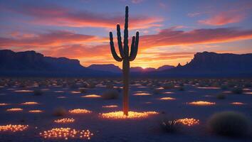Cactus Standing Tall in Desert Landscape at Sunset with Orange Sky photo