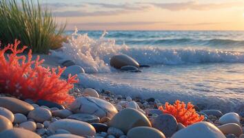 Ocean Wave on Pebble Beach with Coral and Golden Sunset Glow photo