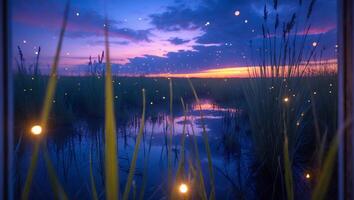 Fireflies Dance Over Grassy Wetland During Twilight with Sky Reflection photo