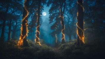 Mystical Forest with Glowing Lights and Moonlit Sky in Night photo