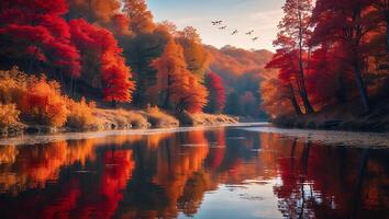 Autumn River with Colorful Forest Reflection and Birds Flying Above photo