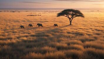 Elephants Walking Across African Savannah at Sunrise with Lone Tree photo