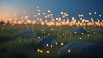 Glowing Lights Over Grassy Field with Rocks at Twilight Scenery photo
